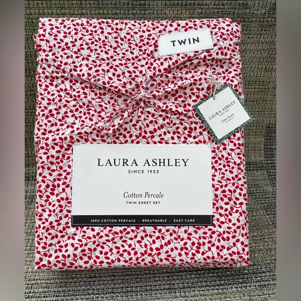 Laura Ashley Jolly Holly Holiday Red Floral TC200 Cotton TWIN Sheet Set 3pc